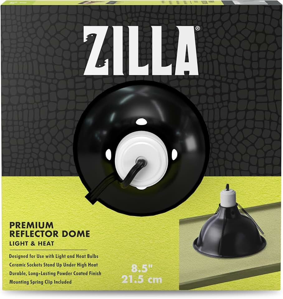 Zilla Premium Reflector Dome Reptile Heat Lamp Fixture, 8.5 Inches | Reptile light fixture with ceramic socket, 6-foot cord, spring clip, fits up to 60 watt bulbs
