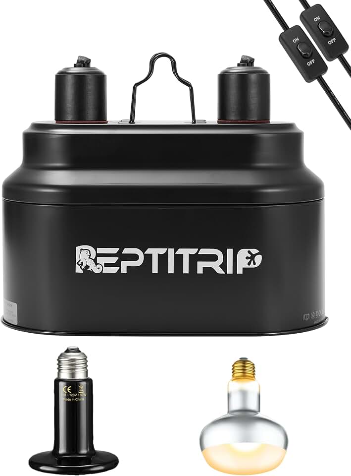 REPTITRIP Dual Reptile Light Fixture with 100W Daytime Heat Bulb &amp; 100W Nighttime Ceramic Heat Emitter, 2 Independent Switches, Reptile Heat Lamp Combo Pack - No UVB