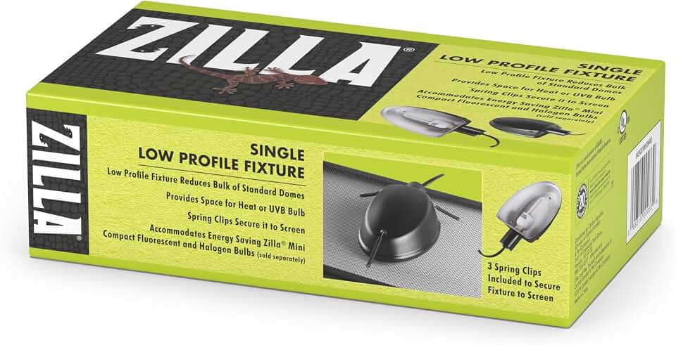 Zilla Low Profile Reptile Light Fixture, Terrarium Single | Reptile heat lamp fixture with spring clips, one socket for uvb, visible light, ceramic heat emitter bulbs sold separately