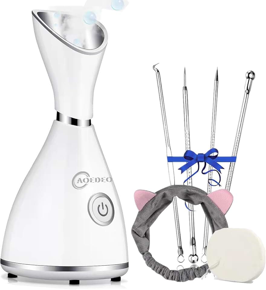 Face Steamer for Facial Deep Cleaning Nano Ionic Face Steamer Warm Mist Humidifier Home Sauna SPA Face with 4 Piece Stainless Steel Skin Kit,Hair Band,Wash Face Sponge