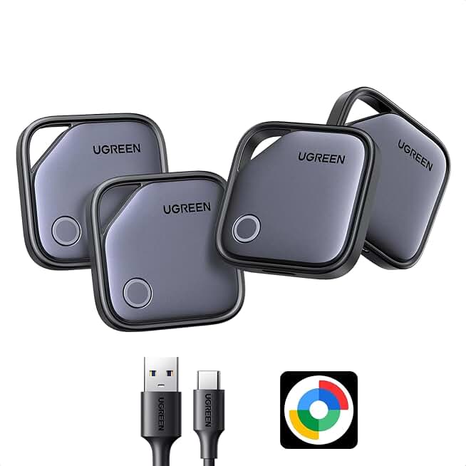 UGREEN FineTrack G (Android Only) Air Tracker Tags, USB-C Charging | 1-Year Battery Bluetooth Tracker Compatible with Find Hub App, Item Finder for Key Luggage Wallet [4 Pack-Google Certified] ClimatePartner certified