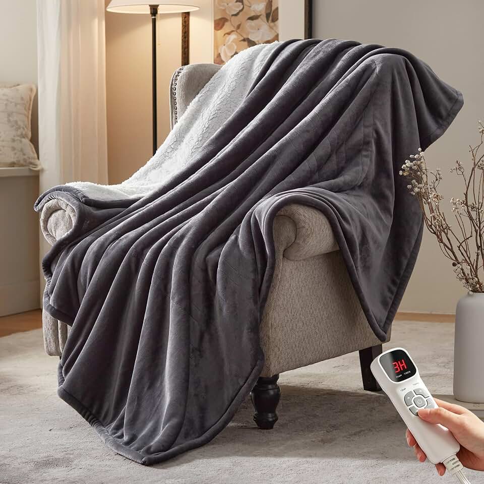Electric Heated Blanket,50"x60" Heating Throw Flannel London Grey | ETL Certified 9 Setting Electric Heated Throw Blanket,Machine Washable Auto Off for couch Bed Office, Gifts for Women Grandpa OEKO-TEX STANDARD 100
