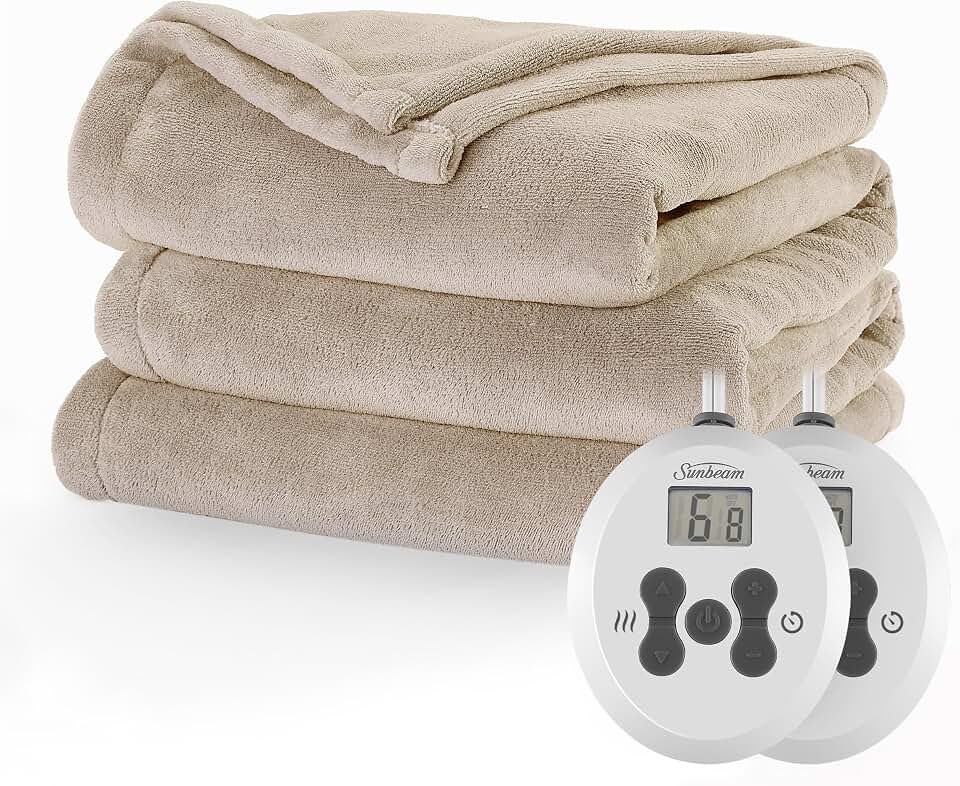 Sunbeam Royal Luxe Microplush Heated Blanket 12 Heat Mushroom Beige Queen OEKO-TEX STANDARD 100