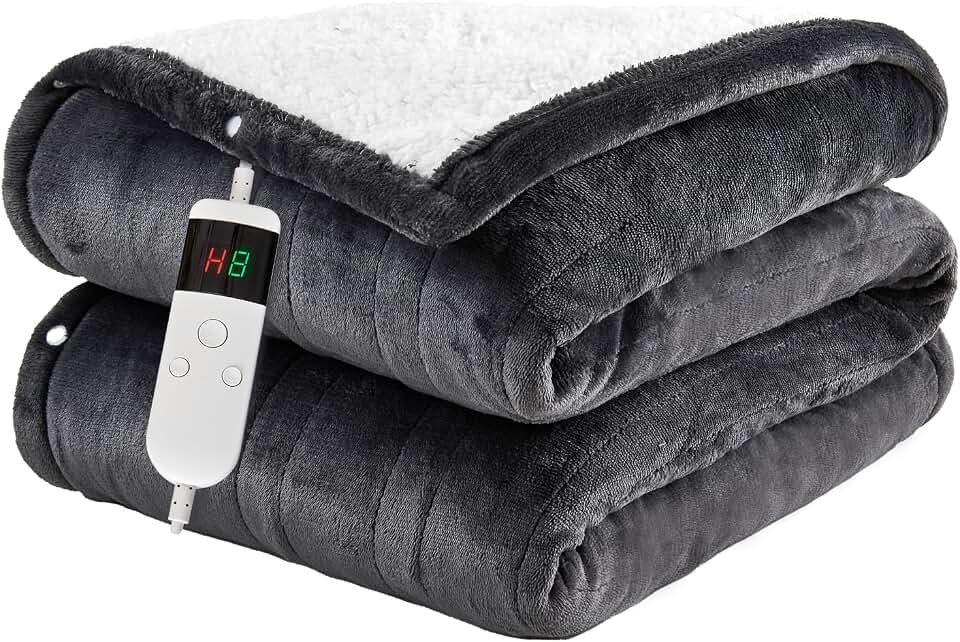 Heated Blanket Electric Throw, 50"x60" Soft Flannel Heating Blanket with 8 Hours Auto Off 10 Fast Heating Levels Machine Washable Sherpa Heated Throw Blanket with Overheating Protection