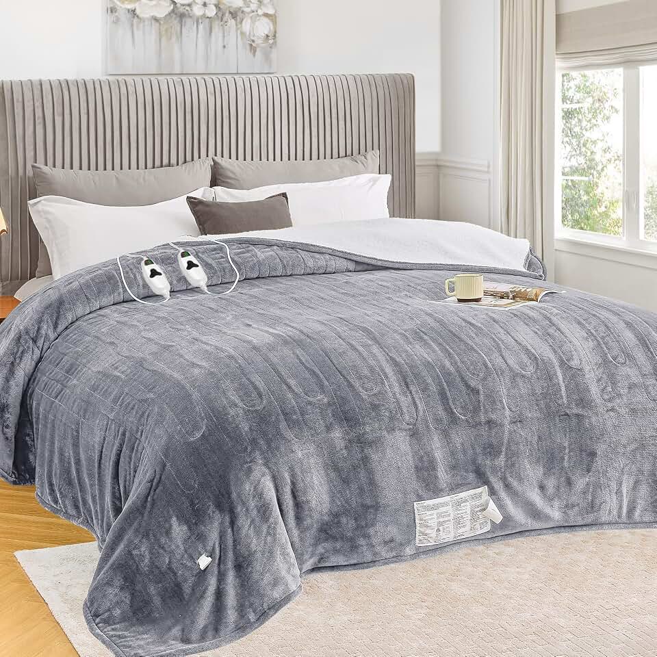greenoak Heated Blanket Electric Queen Size 84"X90" Dual Control, Heating Blanket with 10 Heat Levels 8 Hours Auto-Off, Fleece Soft Gifts for Grandma Seniors Mom,Misty Grey OEKO-TEX STANDARD 100