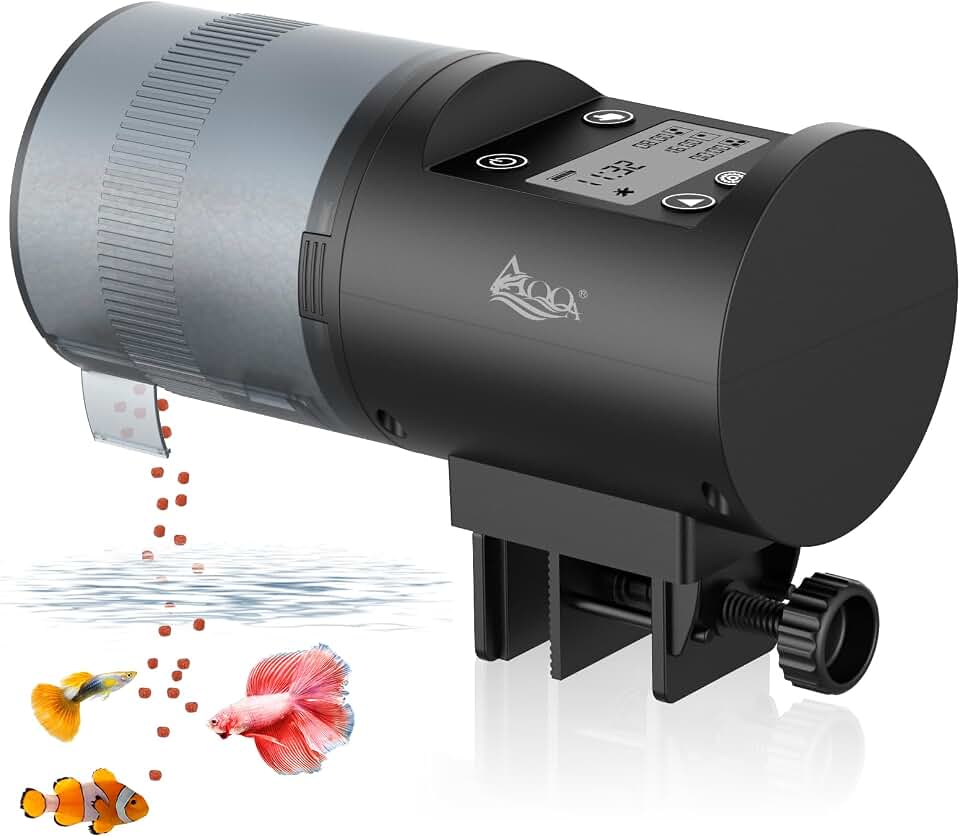 AQQA Automatic Aquarium Fish Feeder, Moisture-Proof LCD Timer Dispenser | 200ml Large Capacity | Battery Operated | Auto Fish Feeder for Fish, Betta, Turtle, Koi &amp; Small Tanks
