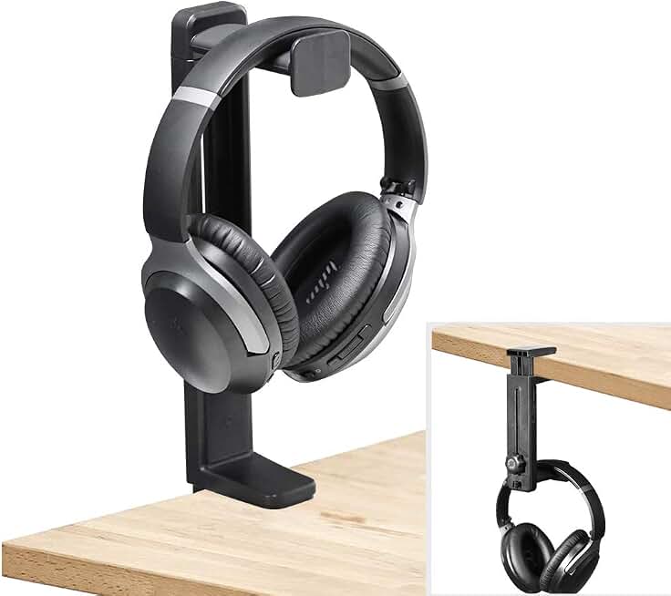 NEETTO HS906 Headphone Stand &amp; Hanger 2 in 1, Above &amp; Under Desk | Gaming Headset Holder Mount Hook with Height Adjustable &amp; Rotating Clamp, Earphone Rack with Cable Clip