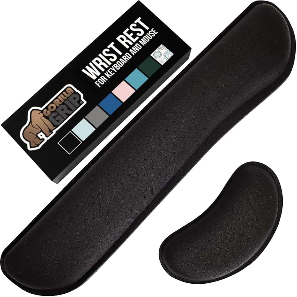 GORILLA GRIP Memory Foam Wrist Rest for Computer Keyboard, 2 Piece Black | Silky Mousepad Rest, Ergonomic Design for Typing Pain Relief, Mouse Pad Support for Hand and Arm, Work and Gaming Accessories