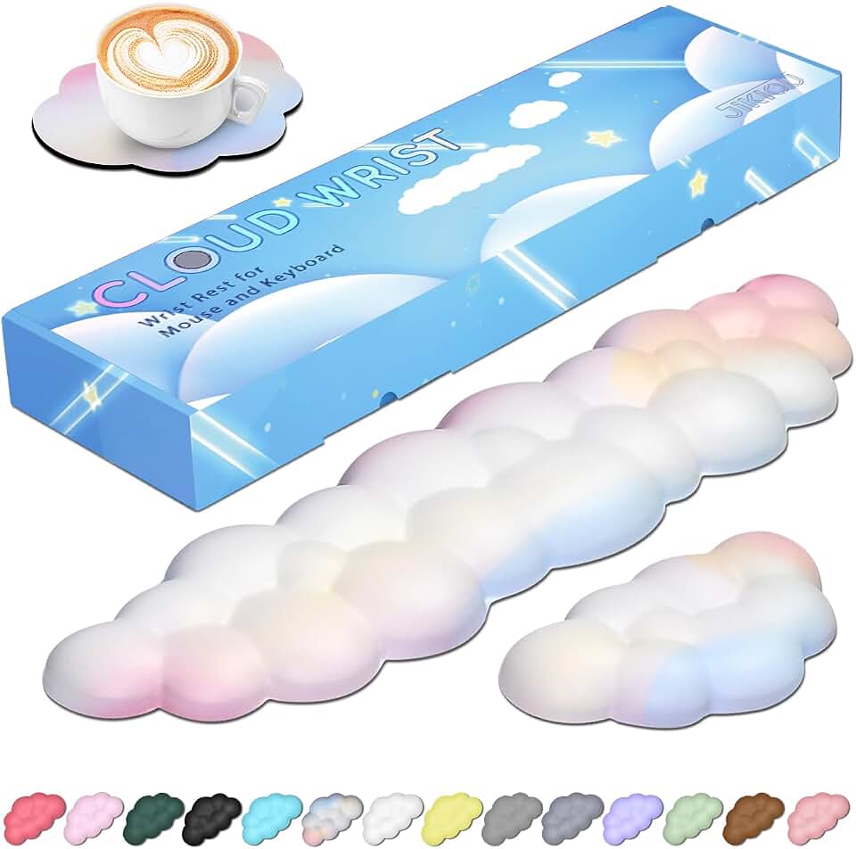 JIKIOU Upgrade Leather Cloud Wrist Rest for Keyboard and Mouse &amp; Cup Pad | Wish Gift-Cute Cloud Shape, Comfortable and don’t Irritate to Skin, Non-Slip PU Base,Soft Memory Foam filled for Pain Relief