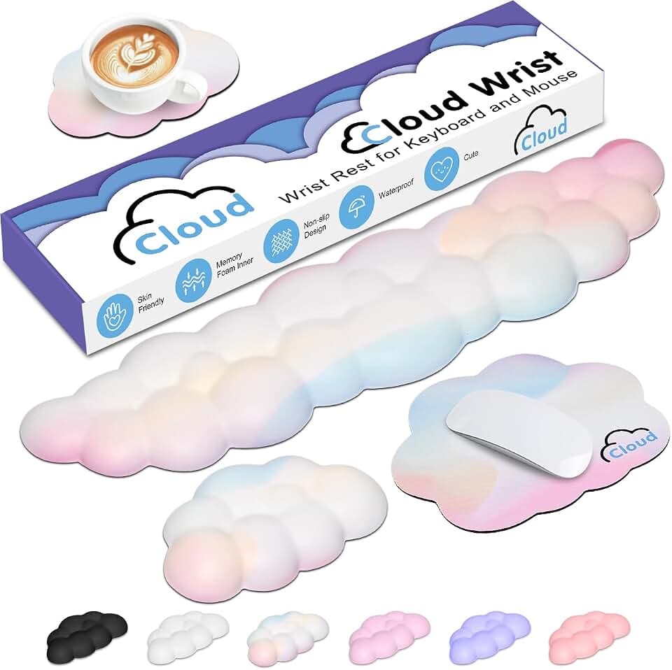 4 in 1 Ergonomic Leather Cloud Wrist Rest Keyboard and Mouse Pad &amp; Coaster | Full 4-Piece Set, Non-Slip PU Base, Soft Memory Foam Comfort For Long Work/Gaming Hours, Cute Desk Decor, Easy To Clean