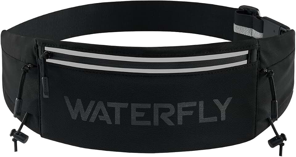 WATERFLY Running Belt Fanny Pack, Runner Race Belt with Bib Clip Black | Breathable, 3 Pocket Waist Bag for Men Women, Phone Holder Fits up to 7" Phones for Marathon Jogging Workout Exercise Fitness ClimeCo Certified