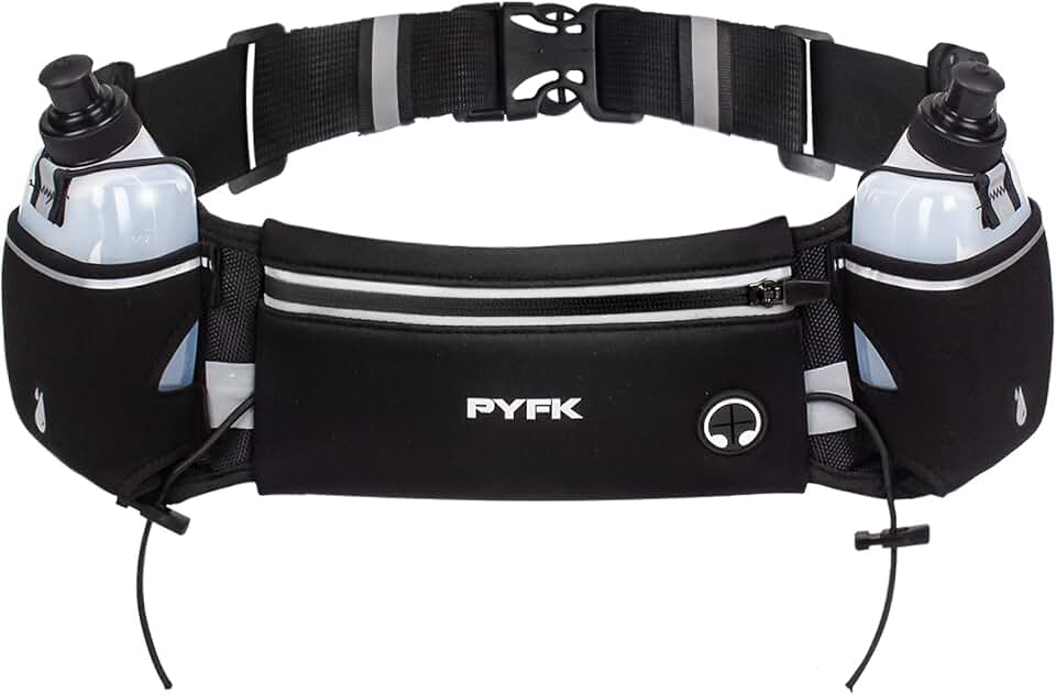 PYFK Running Belt with Water Bottles, Hydration Belt for Men and Women, Water Bottle Holder Running Pouch Water Belt, Fanny Pack Fits 7 inches Phones, Waist pack for Runner Jogging
