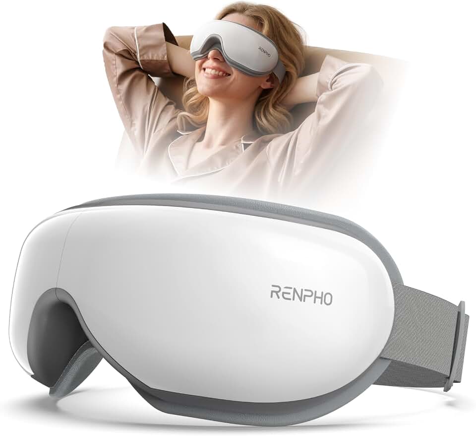RENPHO Eyeris 1 Eye Massager with Heat, Heated Massage Eye Mask | Vibration Massage for Head Tension, Eye Strain, Dry Eyes &amp; Dark Circles, FSA Eligible HSA, White Global Recycled Standard