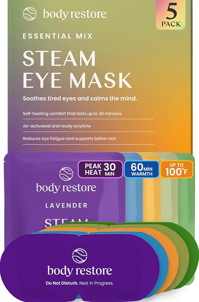 Body Restore Heated Eye Mask Warm Compress for Dry Eyes - Variety 5 Pack | Stocking Stuffers &amp; Birthday Gifts, Self Heating Steam Mask for Fast Relief, Relaxation, Sleep, Spa, Travel, Self Care