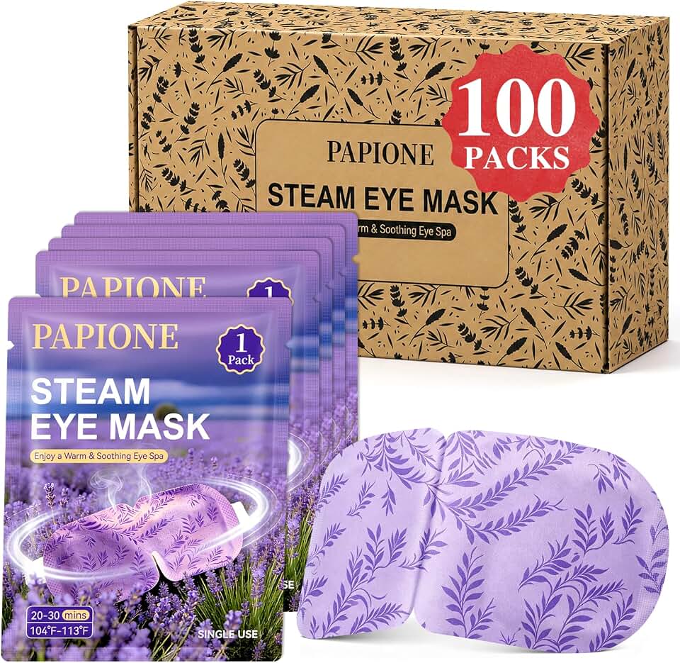 PAPIONE 100 Pack Steam Eye Masks for Relaxation &amp; Sleep, Disposable Heated Eye Compress with Soothing Aromatherapy for Stress Relief, Dry Eyes &amp; Puffy Eyes(Lavender)