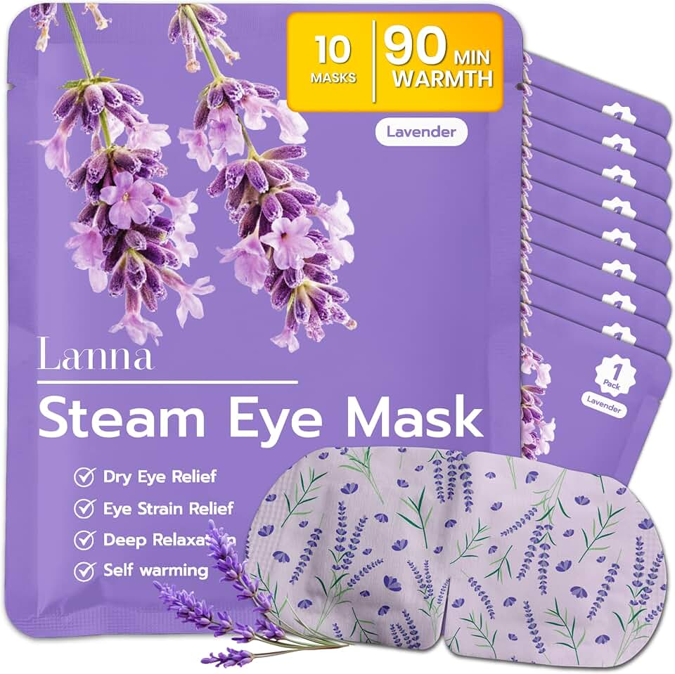LANNA Heated Steam Eye Mask, Disposable 120 Minutes, Lavender Scent 10 Pcs | Great for Sleep &amp; Spa Relaxation, Self Heating Warm Compress for Dry &amp; Puffy Eyes Long Lasting Heated Eye Mask for Stye Eyes