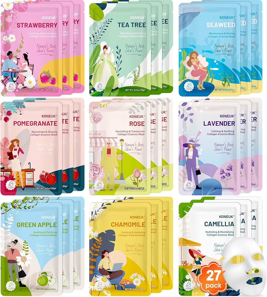 KONEUK 27 Pack Collagen Sheet Face Masks Skincare for Women | Hydrating Face Mask Set for Dry Skin, Moisturizing Facial Masks for Skin Care, Bachelorette Party Favors and Bulk Gifts