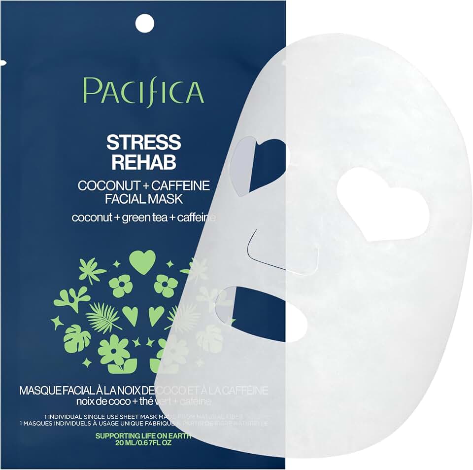 Pacifica Sheet Mask - Skin Rehab Coconut &amp; Caffeine Facial Mask - Sheet Mask for Redness &amp; Puffiness, Infused w/Green Tea, Turmeric &amp; Hyaluronic Acid, Vegan &amp; Cruelty-Free Skincare