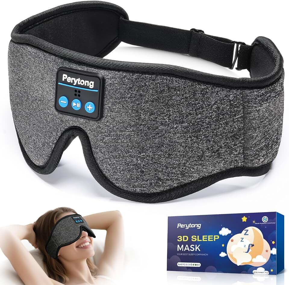 Perytong Sleep Mask with Bluetooth 5.4 Headphones, Wireless Music Sleep Eye Mask for Side Sleepers, 3D Contoured Comfort &amp; Built-in HD Stereo Earphones, Blackout for Travel（Flax Gray） Global Recycled Standard