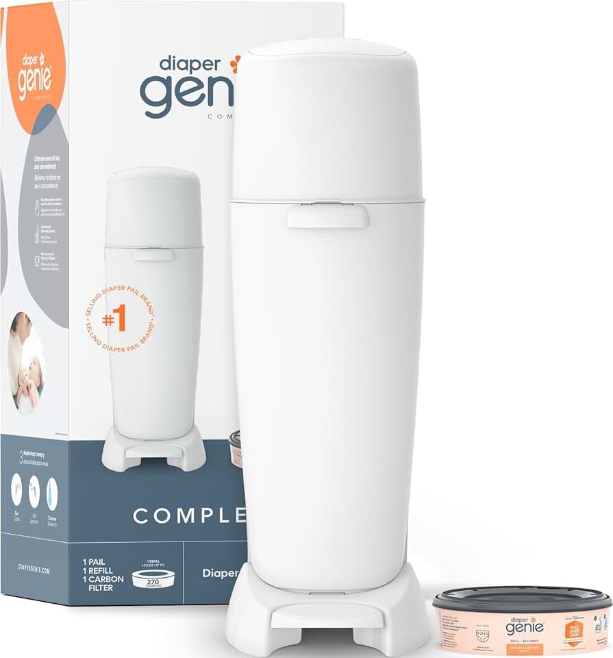 Diaper Genie Complete Diaper Pail (White) – Includes 1 Refill (Holds 270 Newborn Diapers) &amp; 1 Carbon Filter