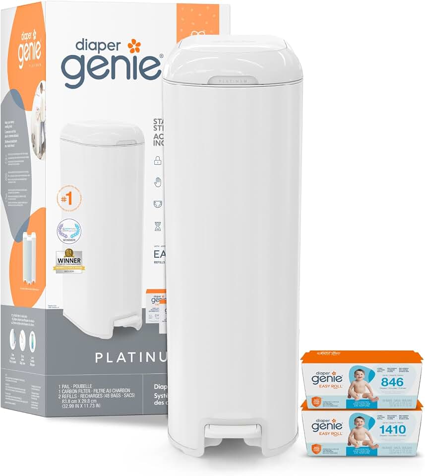 Diaper Genie Platinum Diaper Pail Gift Set | Hands-Free Odor Control with Foot Pedal | Stainless Steel Baby Diaper Pail | Includes 2 Easy Roll Refills 48 Bags Total | Baby Registry Must-Have