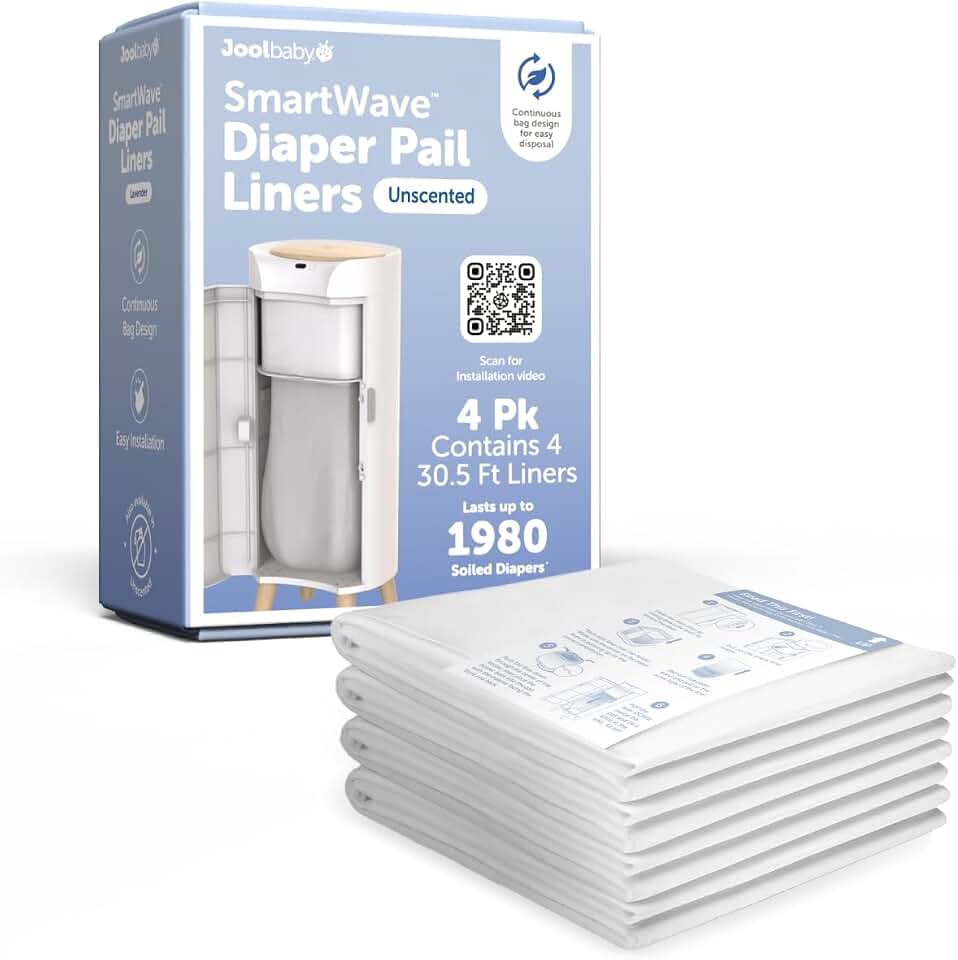 Jool Baby SMARTWAVE Diaper Pail Refill Liners (4-Pack) – Continuous Liner System - Unscented, Lasts Up to 1980 Diapers