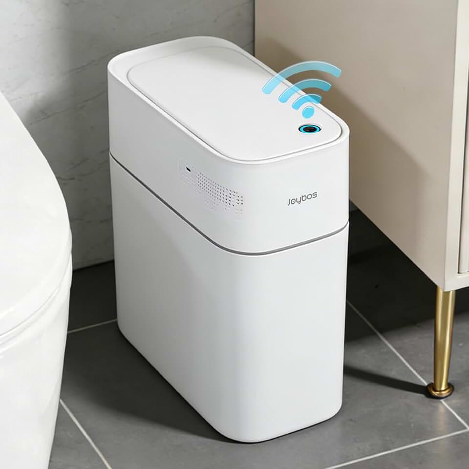 JUDRDO 3.5 Gal Slim Touchless Bathroom Trash Can, Automatic Diaper Pail | Motion sensor opening, automatic liner suction, slim profile for bathrooms, bedrooms, offices, kitchens and nurseries