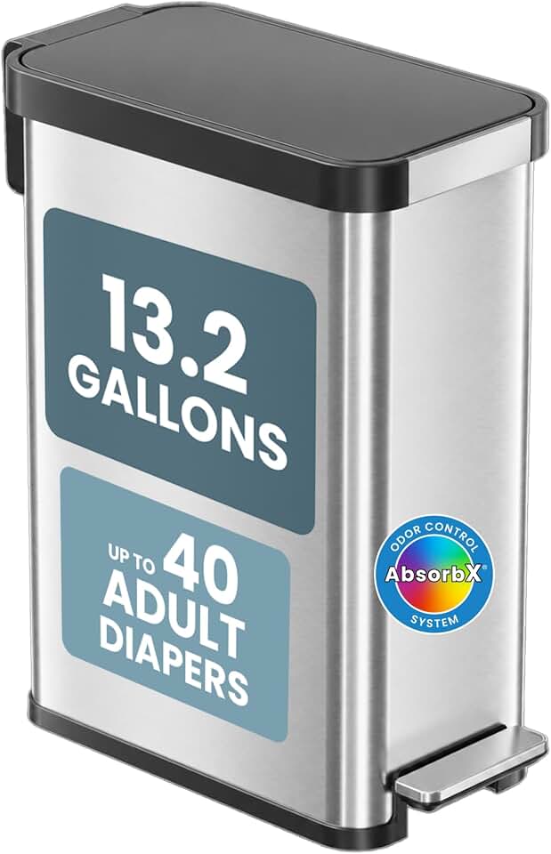 Patented 13 Gallon STEP Adult Diaper Pail, Fits Kitchen Bags, Odor Filter Trash Can Large 40+ Diapers Capacity, No Refills Needed, Incontinence Underwear Nursery Diapers ADA Compliant, Stainless Steel