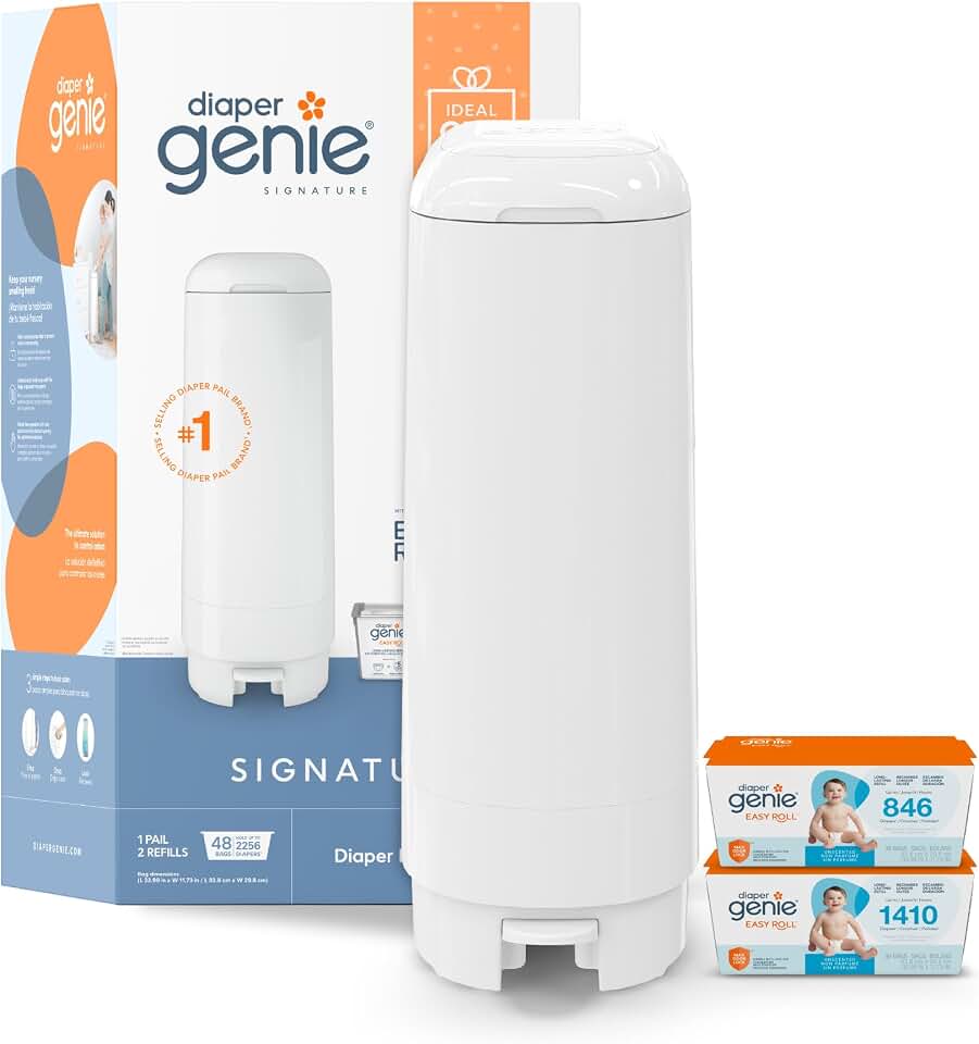 Diaper Genie Signature Pail Gift Set with 2 Easy Roll Refills, 48 bags | Signature pail registry gift set includes Easy Roll tear-off bags holding up to 2,256 newborn diapers in total.