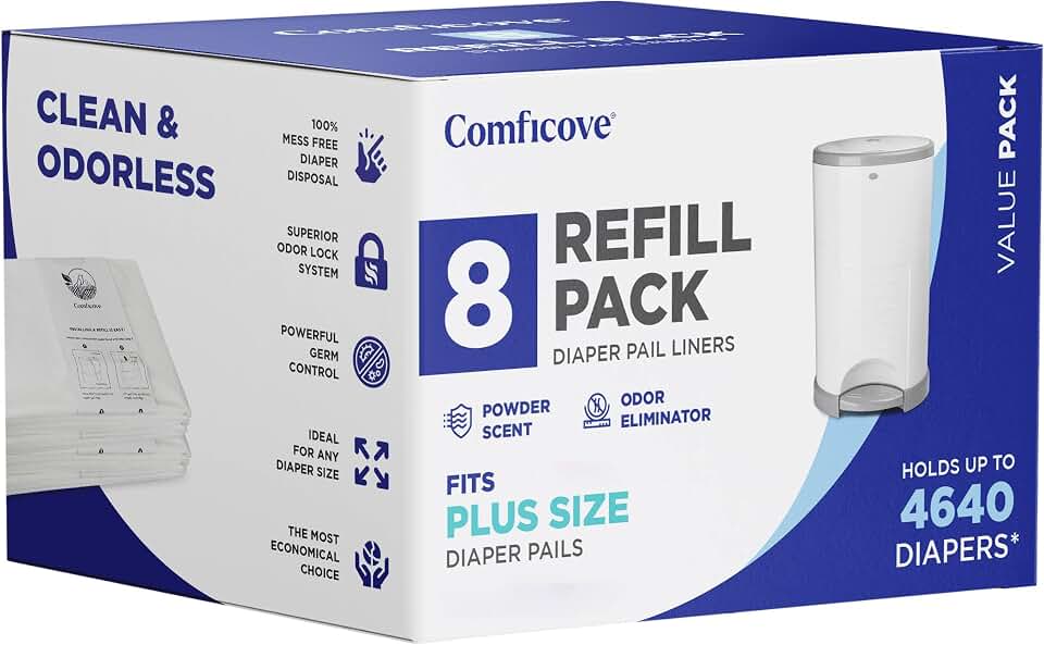 Comficove Refills Compatible with DEKOR PLUS Diaper Pails | 8 Pack | Extra Thick Diaper Pail Refill Liners | Fresh Scent | Easy to Replace and Dispose of Diaper Bag | Odorless Baby Diapers Disposal