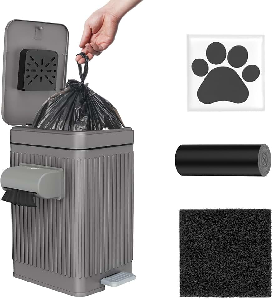 Dog Poop Trash Can for Outside &amp; Indoor, 5L/1.3Gal Small Pet Waste Bin with Odor Control Carbon Filter Lid, 2-Way Open (Step &amp; Press Top), Dog Waste Container with Bag Holder, Grey
