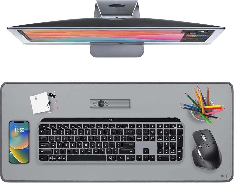 Logitech Studio Series Desk Mat Large 28x12 Inches - Mid Grey | Multifunctional large pad, extended mouse surface, office desk protector, anti-slip base, spill-resistant