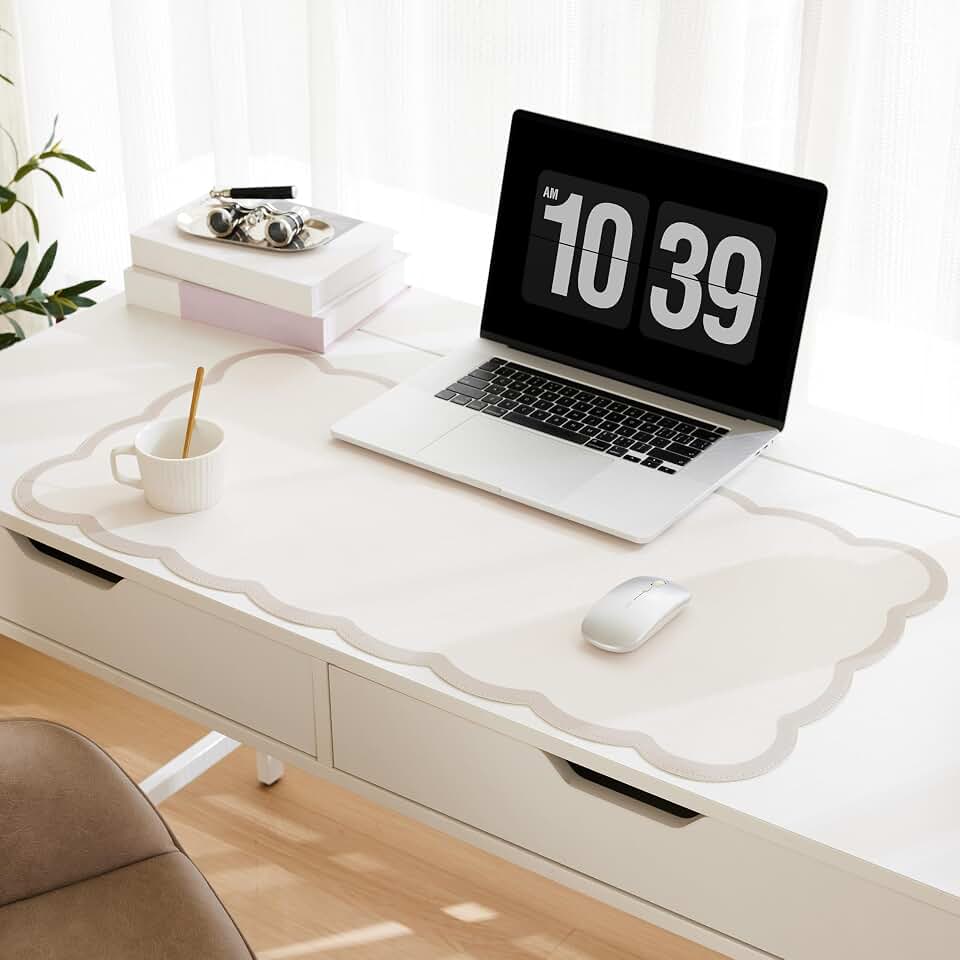 Scalloped Desk Mat, 31.5" x 15.7" Large Cute Aesthetic Desk Accessories, PU Leather Computer Laptop Desk Mouse Keyboard Pad, Desk Writing Mat for Vanity/Work/Home Decor (Beige, 31.5" x 15.7")