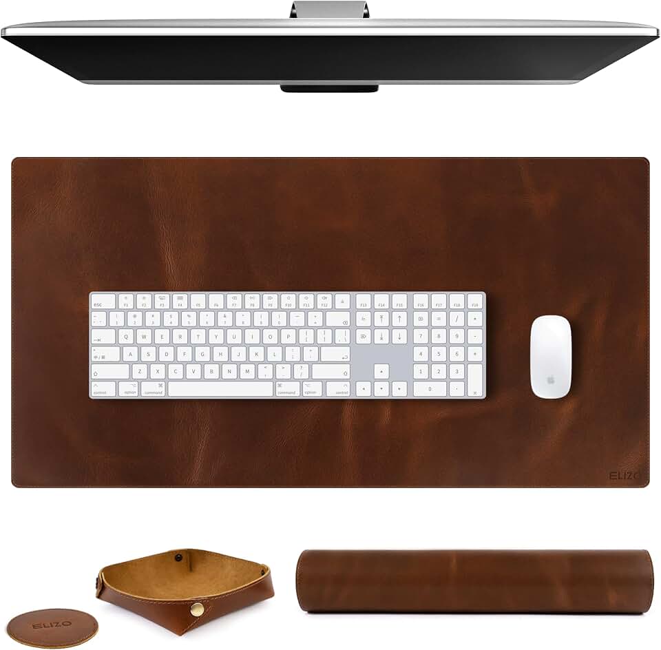 Elizo Real Leather Desk Mat Set (32x16) Large Desk Cover Desk Blotter Protector Computer Gaming Mouse Pad Table Laptop Office Desktop Accessories