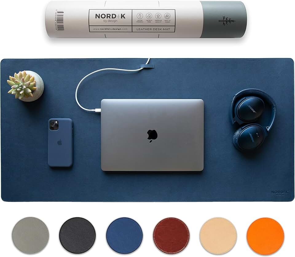Nordik Leather Desk Mat - Midnight Blue - Large Leather Desk Pad 35x17 in | Premium Vegan Leather Desk Pad with Cable Organizer for Office, Extended Waterproof Mouse Mat, Non-Slip Desk Pad Protector