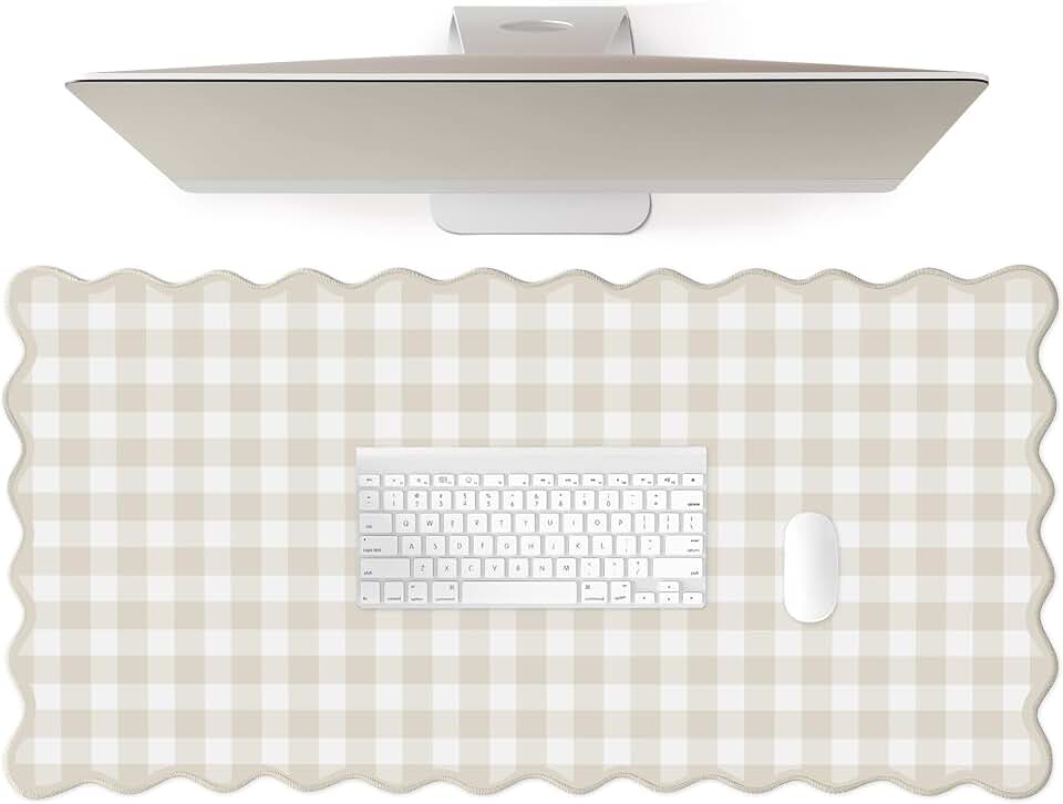 Scalloped‌ Beige Checkered Gingham Desk Mat Cute Pastel Large Mouse Pad Kawaii Cottagecore ‌Vintage‌ Rustic Keyboard Pad Computer Mat for Desktop Aesthetic Cozy Office Desk Decor