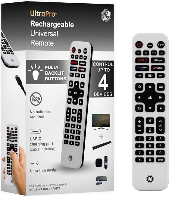 GE Rechargeable TV Remote Control, Universal Remote Control, Backlit | Samsung TV Remote Control Replacement for Smart TVs, Apple TV, Sony, Roku Replacement Remote, LG TV, 4-Device, 80984