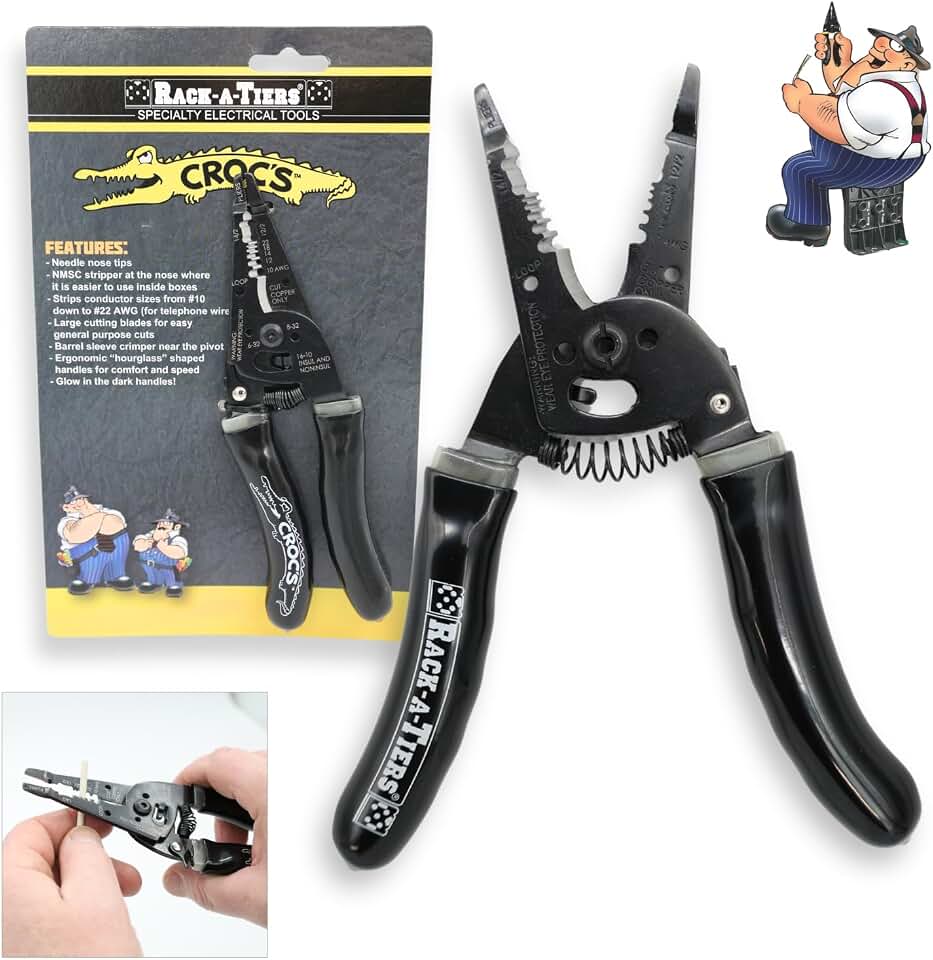 Rack-A-Tiers Croc's Sr. Needle Nose Wire Strippers, Electrician Wire Crimper &amp; Stripper, Wire Stripper Cutter, Ergonomic Glow-in-the-Dark Handles, Wire Insulation Stripper (47000)