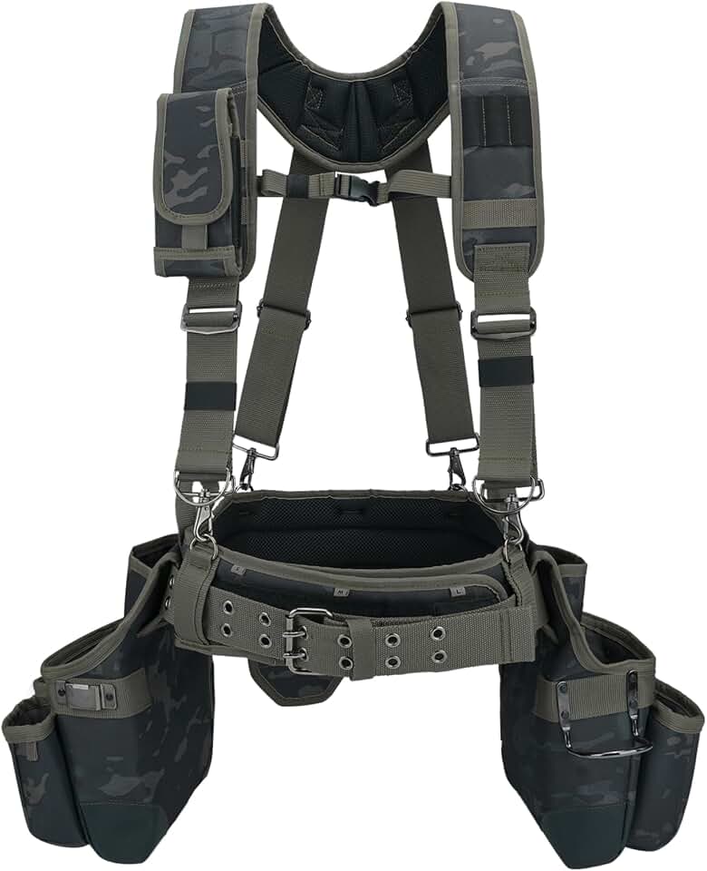MELOTOUGH Camo Tool Belt with Suspenders Camouflage Tool Pouch Organizer Supenders Framers Combo Apron Tool Belt Construction Tool Bag Suspenders Heavy Duty Carpenter Suspension Rig (Green Camo)