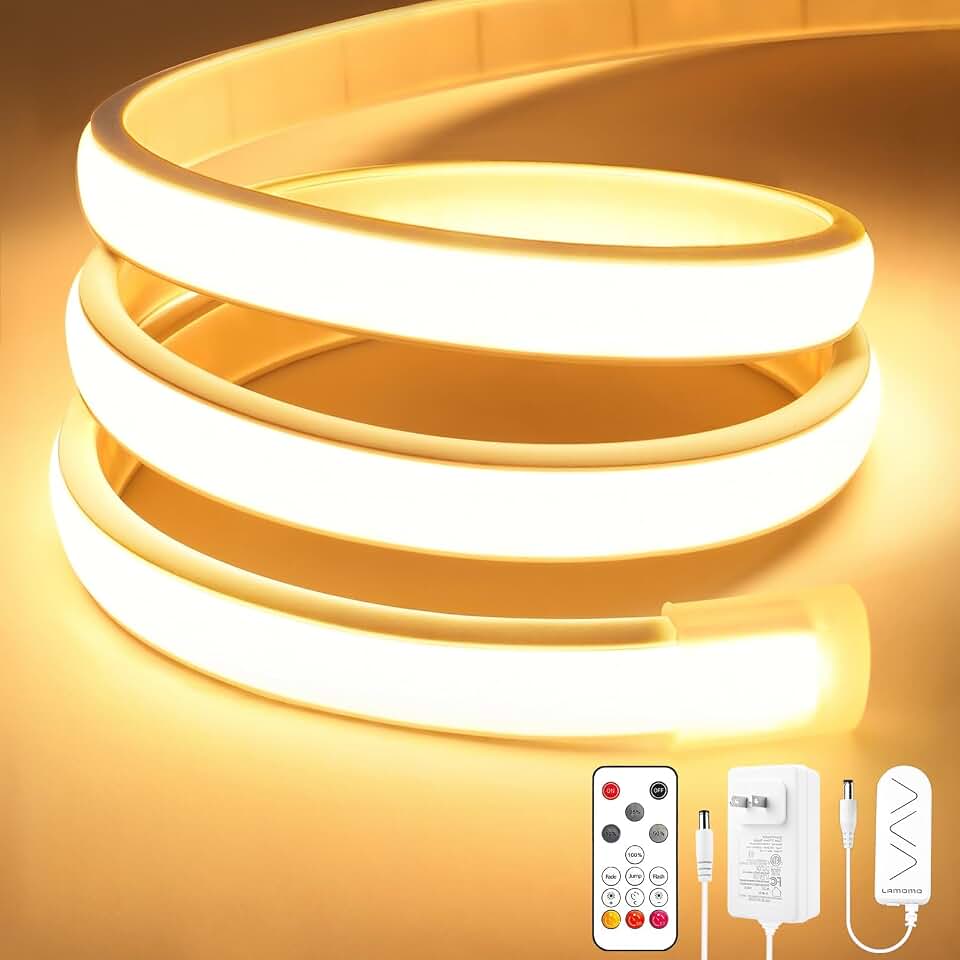 COB LED Strip Lights, Warm White Dimmable Rope with Remote, 9.84ft | Self-Adhesive, Waterproof, Cuttable, 24V, Flexible, Silicone, 3000K, Neon Tape for Bedroom, Kitchen, Cabinet, TV 10 mm Width Recycled Claim Standard Blended