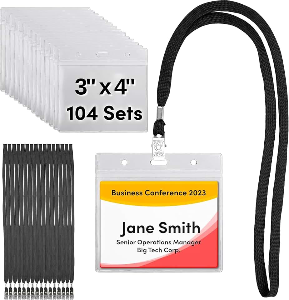 SEE-IT! Badge Name Tag Holders with Lanyards 104 Sets 3"x4" Size Quick Load
