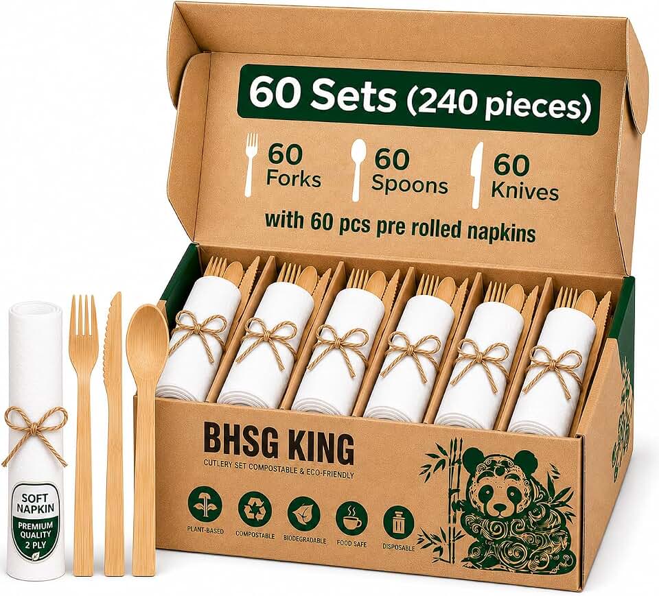 Premium Pre-Rolled Bamboo Cutlery | Wooden Cutlery 240 PCS Disposable Wrapped Utensils with Napkins, Includes 60 Forks, Knives &amp; Spoons, Natural Wooden Silverware for Weddings, Catering &amp; Event
