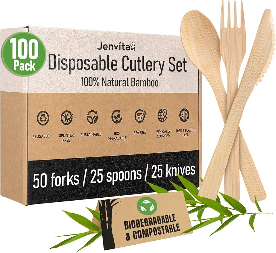 100% Bamboo Utensils Set, 100 Pack, Compostable Cutlery | 50 Forks, 25 Spoons, 25 Knives, Biodegradable, Reusable, FSC Certified, Weddings, Camping, Party The Forest Stewardship Council