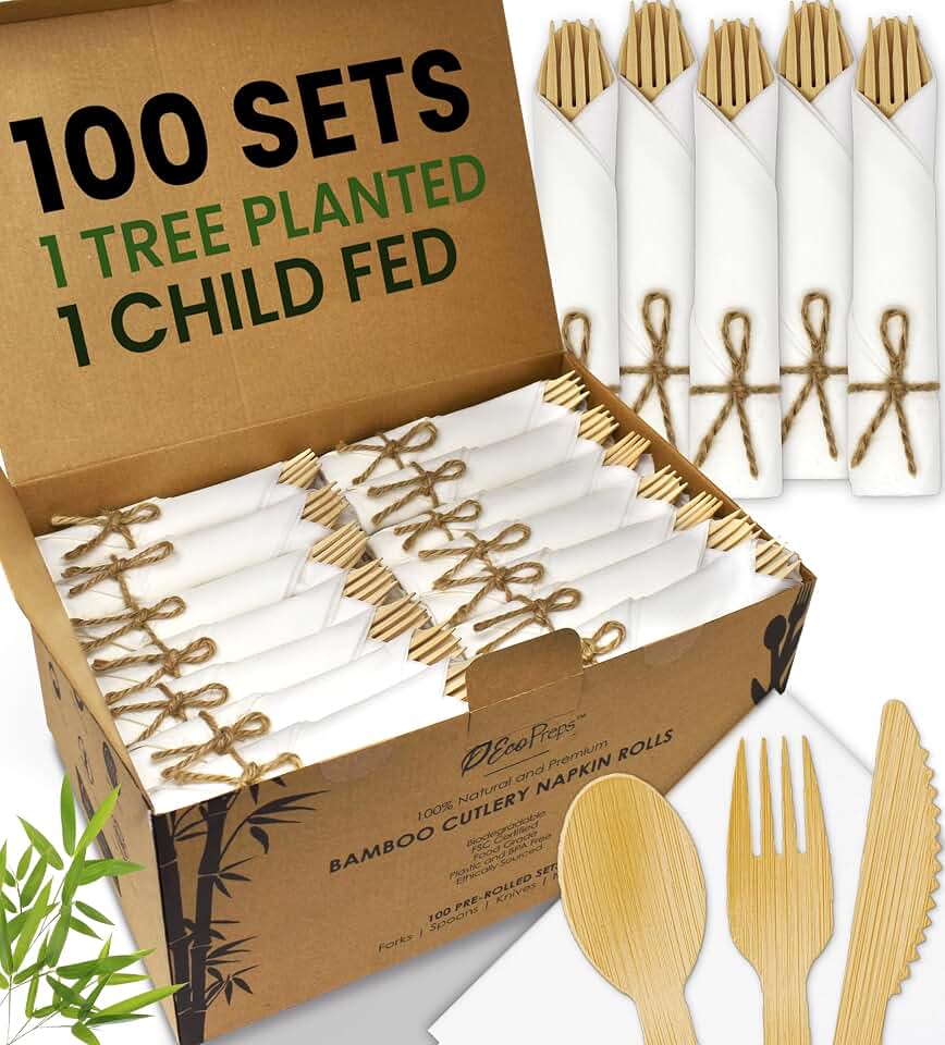 EcoPreps Premium Pre-Rolled Napkin and Bamboo Cutlery Set, 100 Pack, 400 PC | 100% Biodegradable, Eco-Friendly, Disposable Wrapped Cutlery - Includes Pre-Wrapped Bamboo Forks, Knives, Spoons, &amp; Napkins