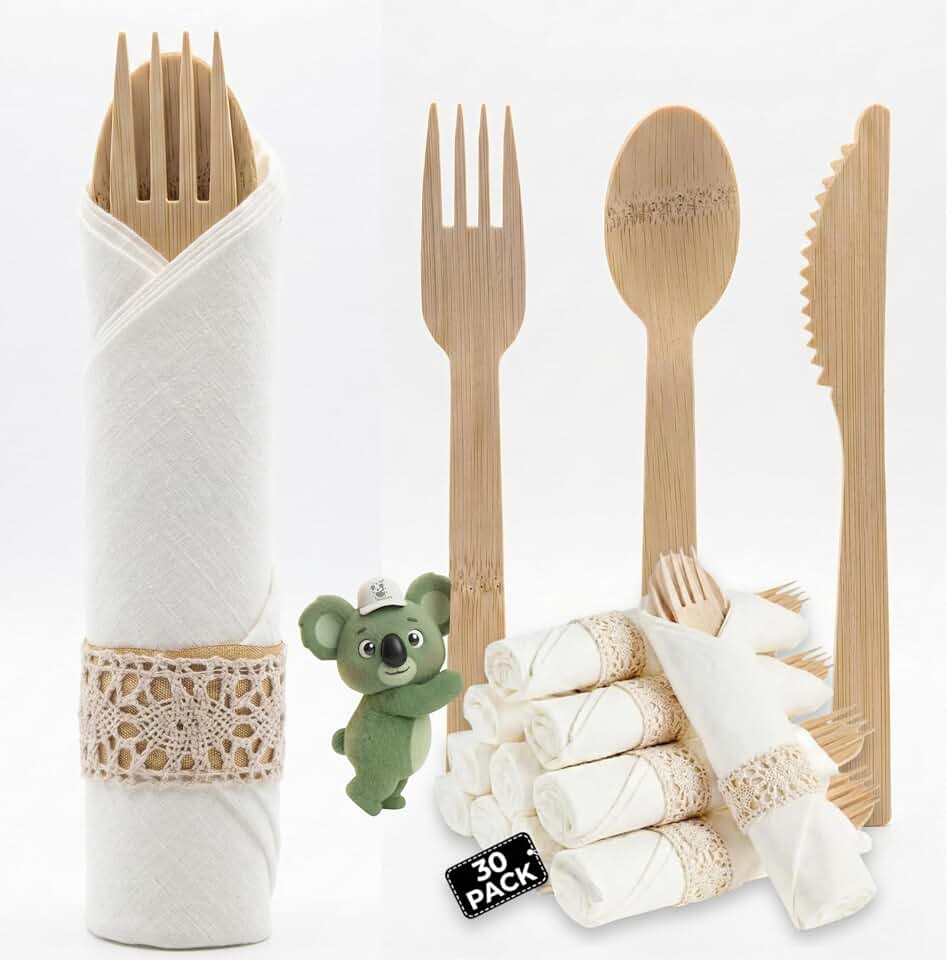 Pre Rolled Napkin and Bamboo Cutlery Set - 30 Pack Bamboo Utensils Wooden Cutlery 30 Forks 30 Knives 30 Spoons 30 Napkins, Pre Wrapped Disposable Silverware Cutlery for Party, Wedding, Events