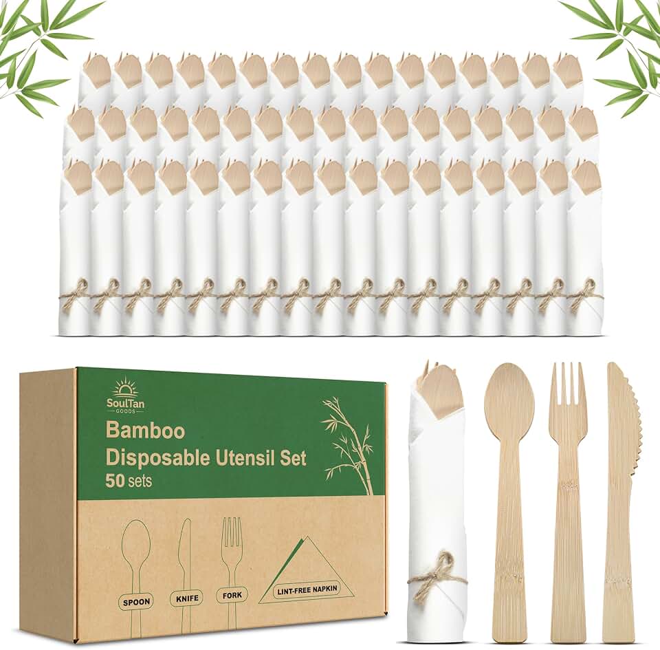 Prerolled Disposable Bamboo Cutlery Set – 50 Pack Pre Wrapped Silverware and Napkin Bundle with Forks, Knives, Spoons for Parties, Weddings, Events, and BBQ (Natural - Beige String)