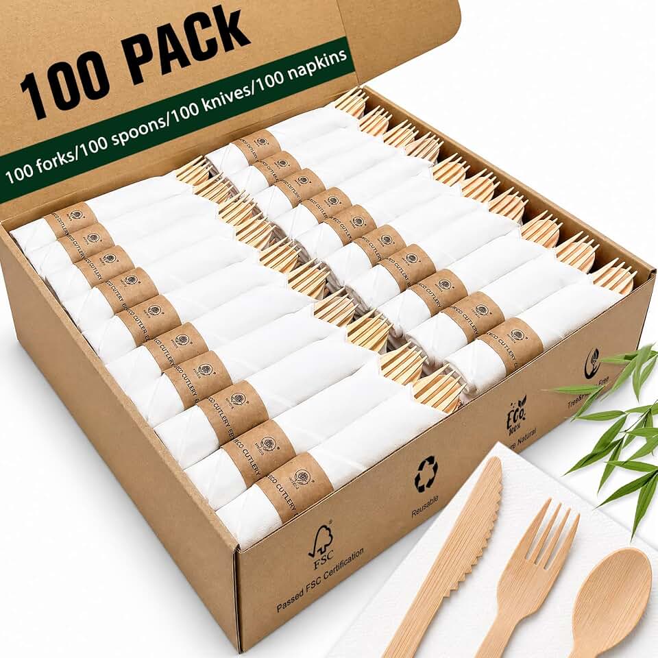 Pre Rolled Bamboo Cutlery Set with Napkins - 100 Pack Bamboo Utensils | Individually wrapped sets offer clean, convenient serving for weddings, parties, catering and outdoor events.
