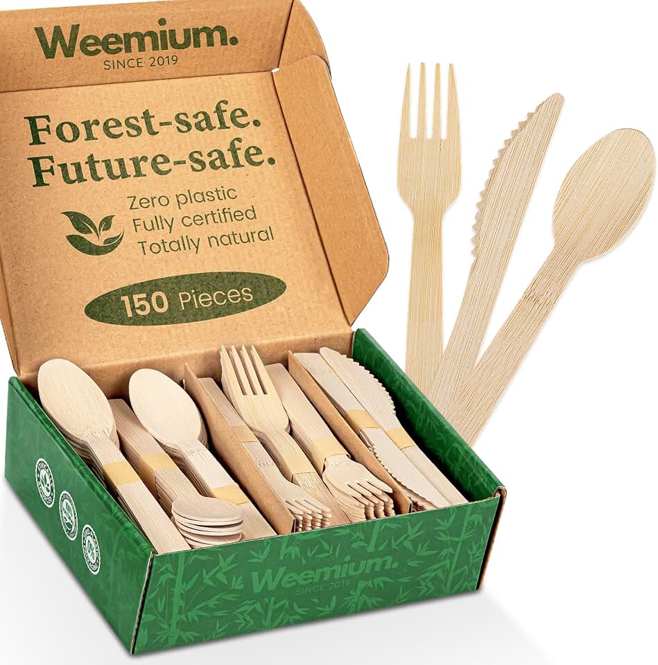 Weemium Bamboo Cutlery Disposable Set, [150 Pack] Heavy-Duty Bamboo Utensils Disposable Silverware, FSC Certified 100% Biodegradable and Compostable Utensils, 60 Forks, 60 Spoons, 30 Knives The Forest Stewardship Council