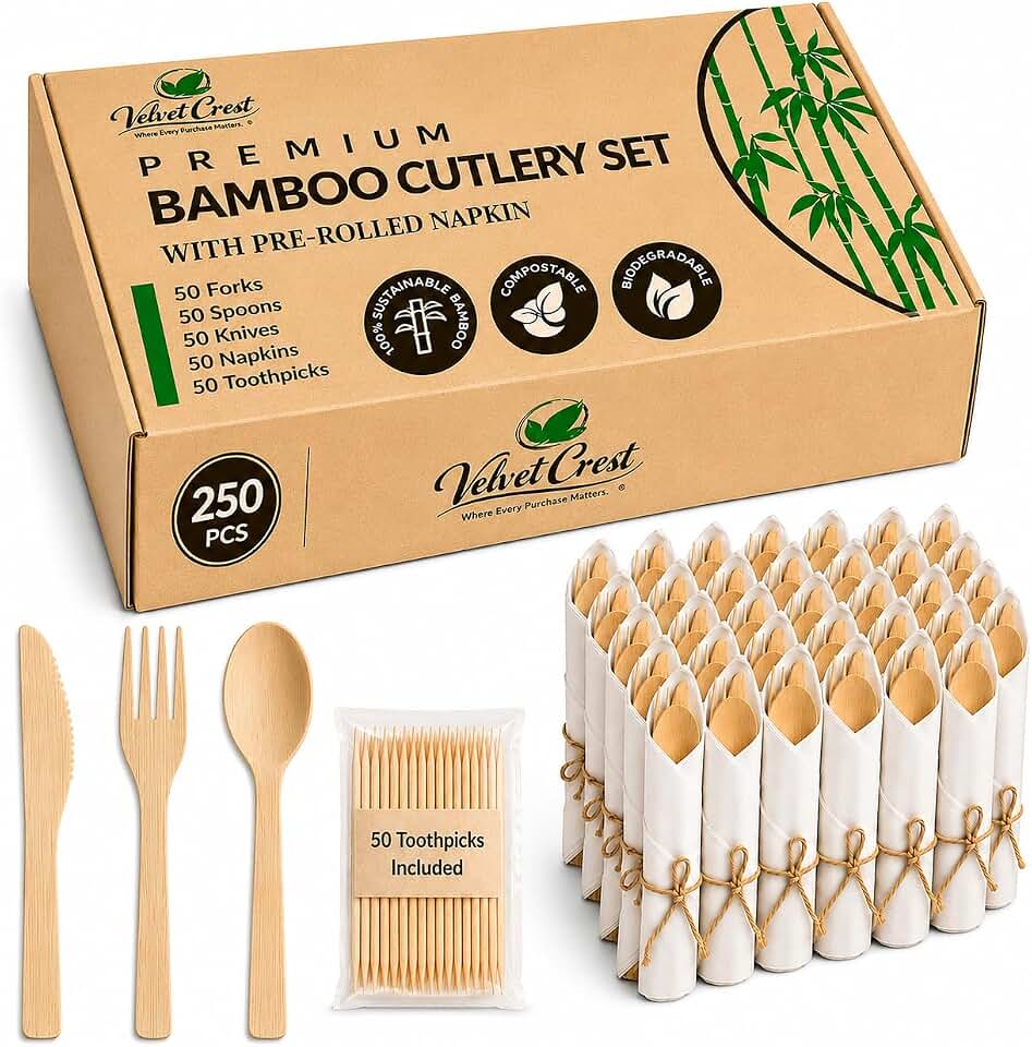 Bamboo Cutlery Set, 50 Sets (250 PCS), Pre-Rolled Napkins | Compostable Cutlery | Biodegradable Disposable Cutlery | Bamboo Flatware | Forks, Spoons, Knives &amp; Toothpicks for Parties &amp; Events