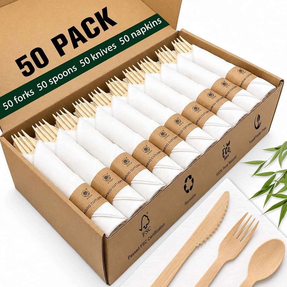 Pre Rolled Bamboo Cutlery Set with Napkins - 50 Pack Bamboo Utensils | Eco-friendly, BPA-free solution replacing traditional plastic silverware with hygienic individual packaging